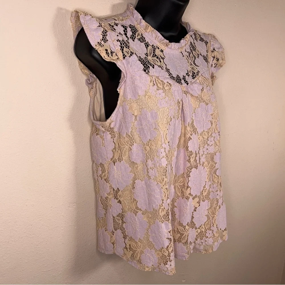 Juniors Medium Monteau Peachy Pink Lavender Floral Lace Blouse Ruffle Lined